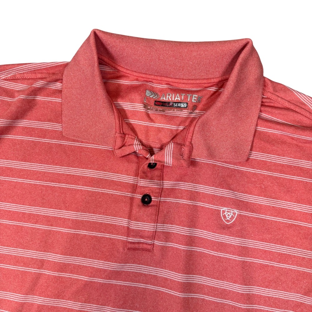 Ariat Tek Mens Heat Series Striped Polo Shirt Large Coral Orange Short Sleeve